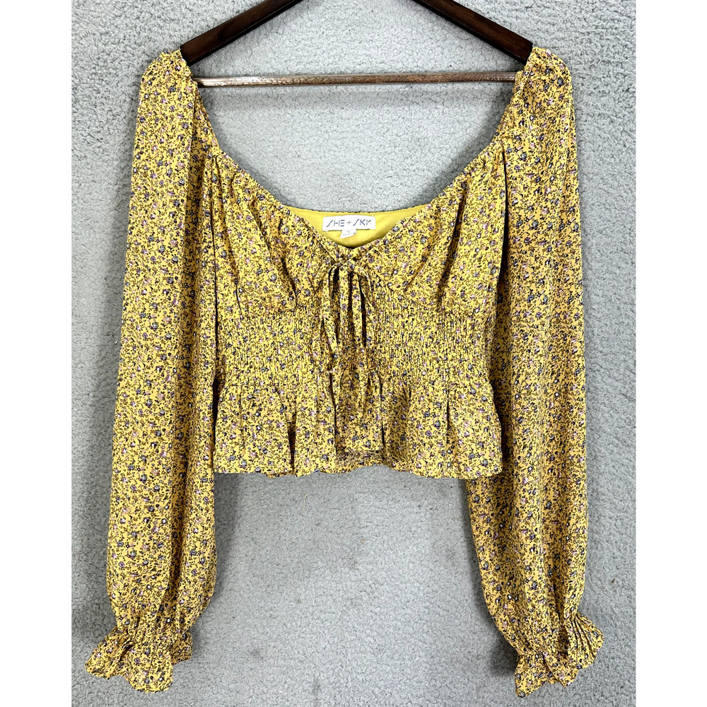 She + Sky Babydoll Top Womens Small Yellow Floral Long Sleeve Fairy Boho Indie